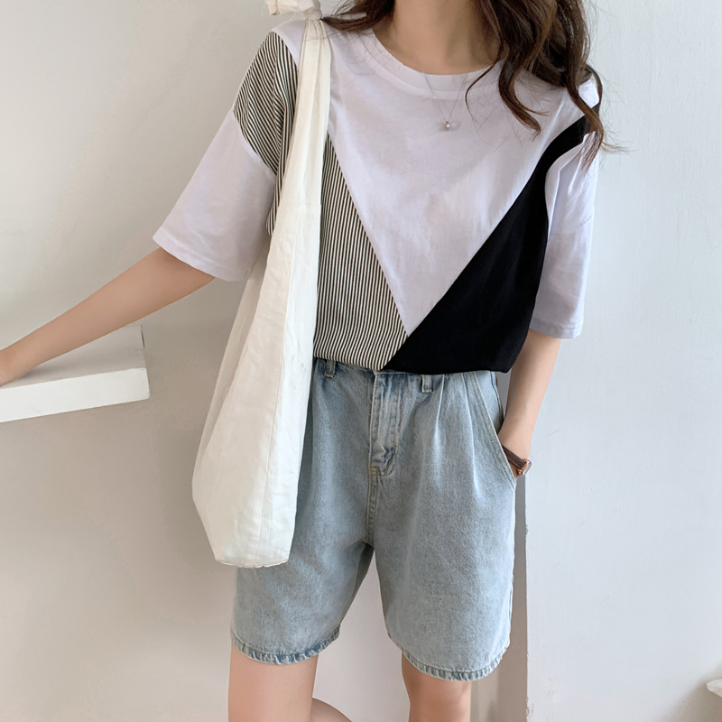 Real shot design small t-shirt female short sleeve Han Fan versatile Hong Kong Style patchwork top