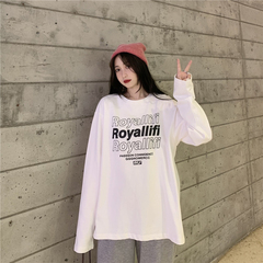 Real shot long sleeve T-shirt women's loose round neck letter printed medium length top