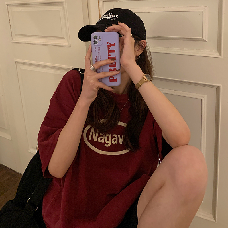 Real shot loose medium length retro letter print short sleeve T-shirt