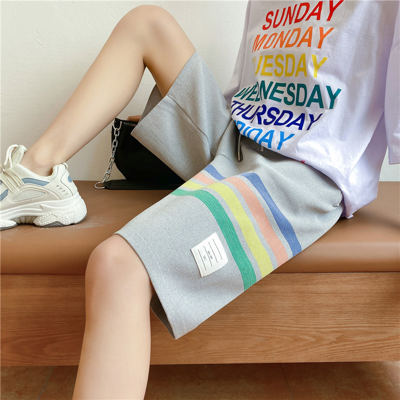 Real shot Rainbow Stripe loose Capris casual shorts for women