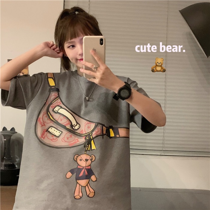 Real shot bear bag printed short sleeve T-shirt