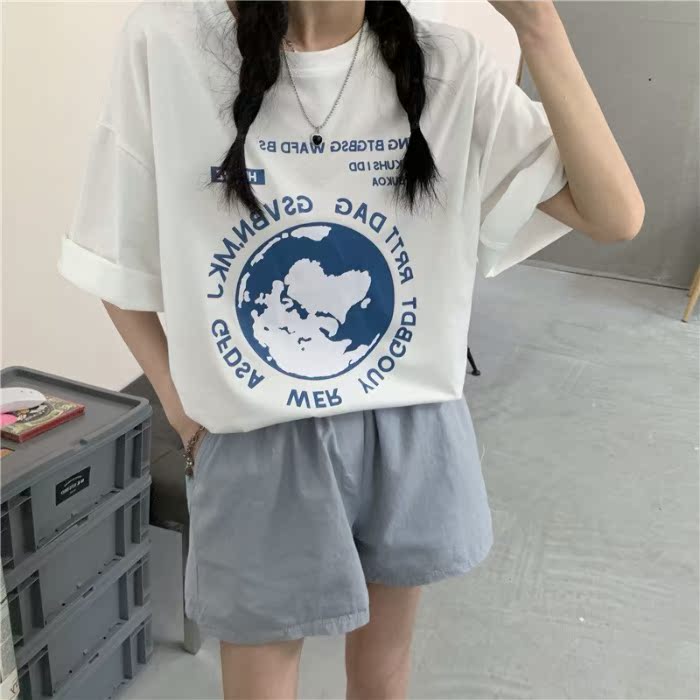 實拍韓版新款地球印花寬鬆短袖T恤女