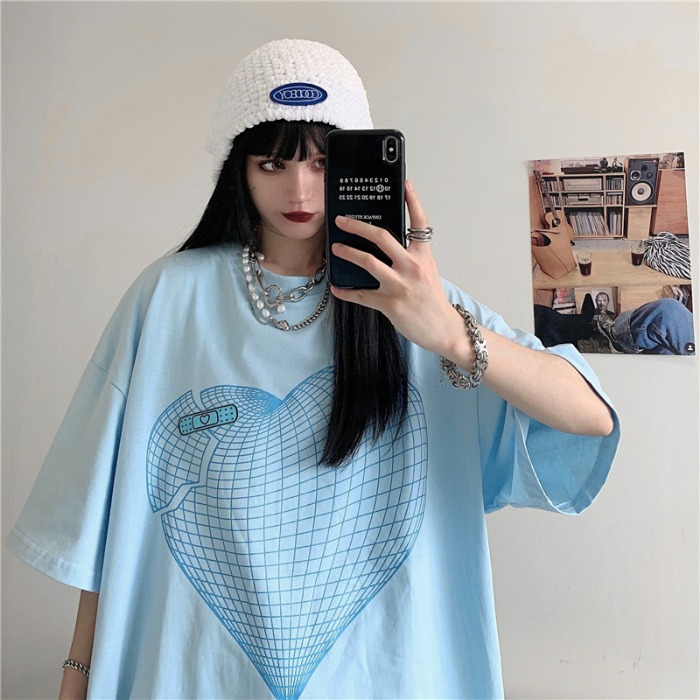 Real photo of Harajuku grid big love printing loose short sleeve T-shirt for women