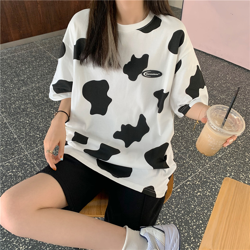 Real shot summer Korean new camouflage Cow Print loose short sleeve T-shirt