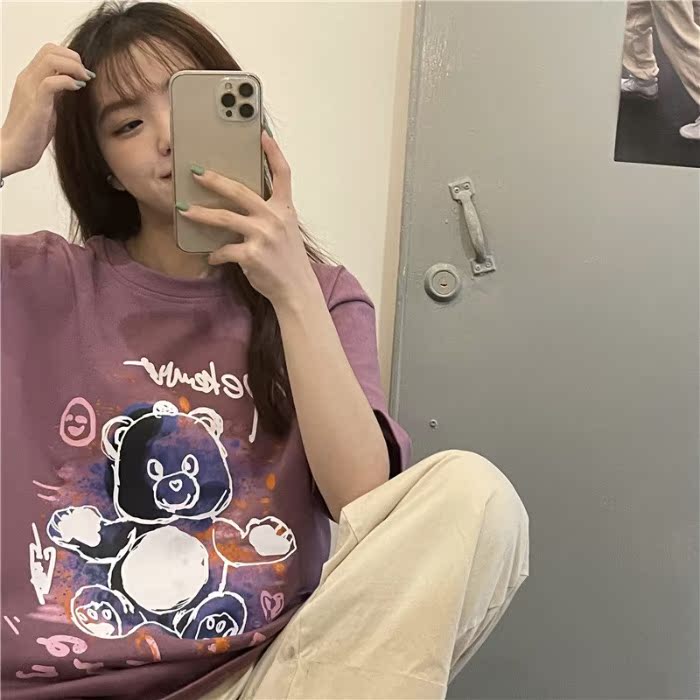 實拍  塗鴉小熊印花短袖T恤女