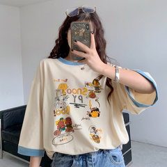 實拍  短袖T恤女ins超火寬鬆韓版潮復古港風chic上衣