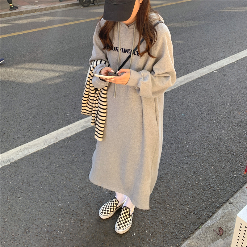 Real shot hooded split loose super long over the knee dress Plush sweater long skirt