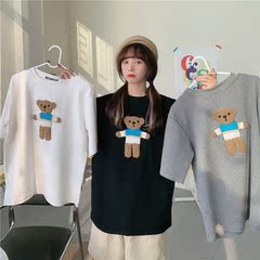 實拍毛茸茸小熊刺繡短袖恤女