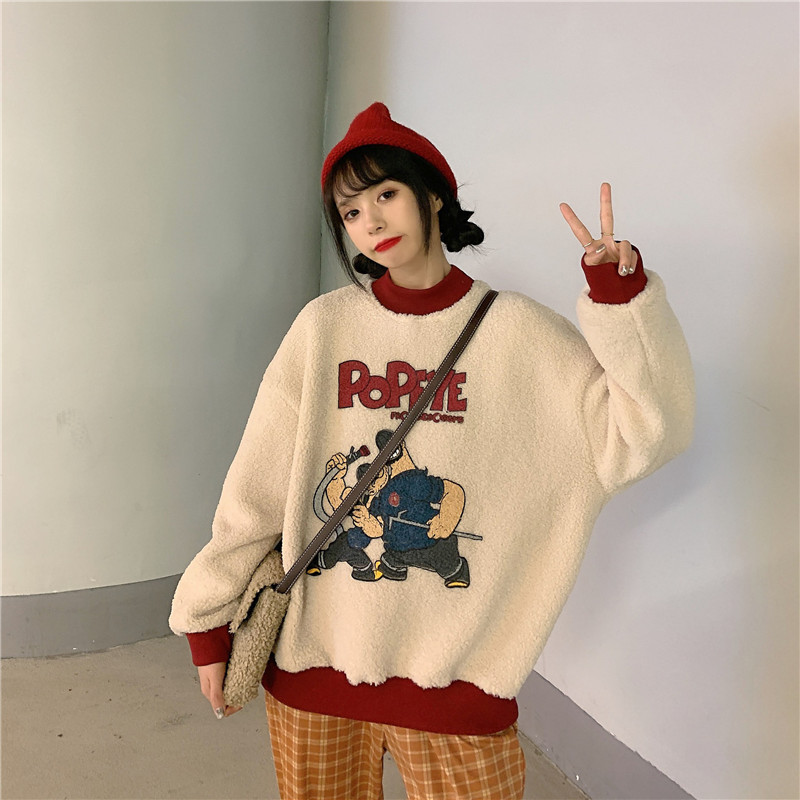 Real shot cashmere sweater rocking grain autumn winter Korean round neck Pullover loose sweater women's top