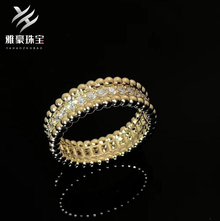雅豪珠宝首饰定制 18k玫瑰金黄金窄版边珠珠戒指满钻镶钻石指环