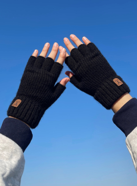 毛线针织手套男秋冬季露指学生写字打字骑行触屏保暖半指漏指弹性