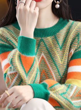 秋冬新款拼色羊绒衫女加厚保暖上衣针织打底网红爆款流行羊毛衣女