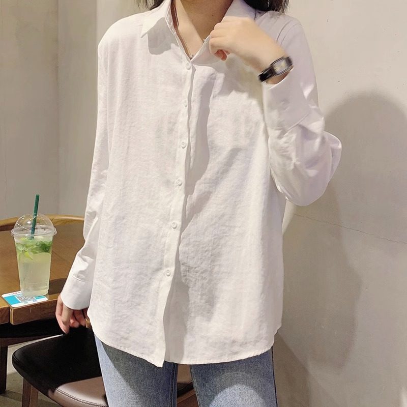 纯色衬衫女长袖上衣秋装2023新款学生休闲打底中性风宽松休闲衬衣