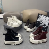 巴宝秀高帮松糕厚底真皮板鞋 棉 女2025秋冬休闲百搭学院风增高单鞋