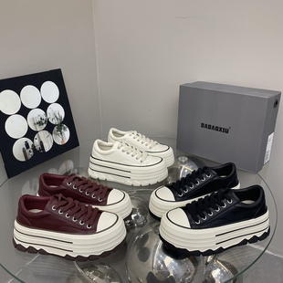 巴宝秀松糕厚底纯皮板鞋单鞋女2025秋冬季休闲百搭学院增高小白鞋