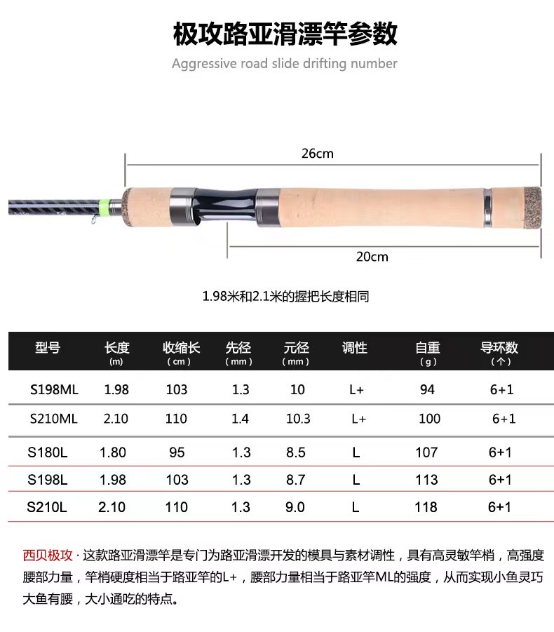 西贝极攻超轻路亚滑漂竿专用大导环1.98/2.1米L+硬度快调远投杆