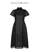 SHIATZY 夏姿·陈立领刺绣乌干纱连衣裙618505 CHEN