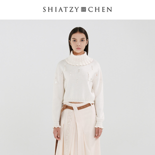 SHIATZY 夏姿·陈25年冬无边系列高领珠串流苏毛衣655578 CHEN