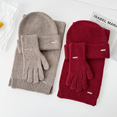 羊毛混纺围巾手套帽子三件套冬季 防寒套头保暖针织帽护颈防风围脖