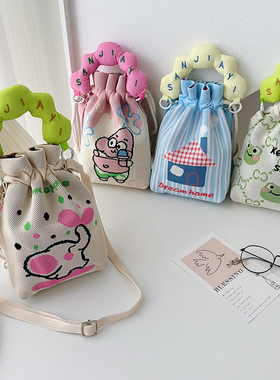 针织水桶福袋包女卡通伴手礼袋手拎包休闲百搭抽绳手提包便当饭袋