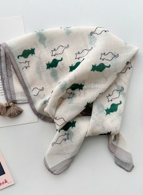 时尚洋气带穗方巾女可爱猫猫夏季薄款小丝巾多功能百搭装饰