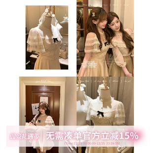 甜水仙 定染花边波点网纱拼天丝法国棉蕾丝蝴蝶结连衣裙 天使羽翼