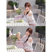 淑女心机 荷叶边设计印花露肩上衣春季 新款 甜水仙 氛围感挂脖长袖