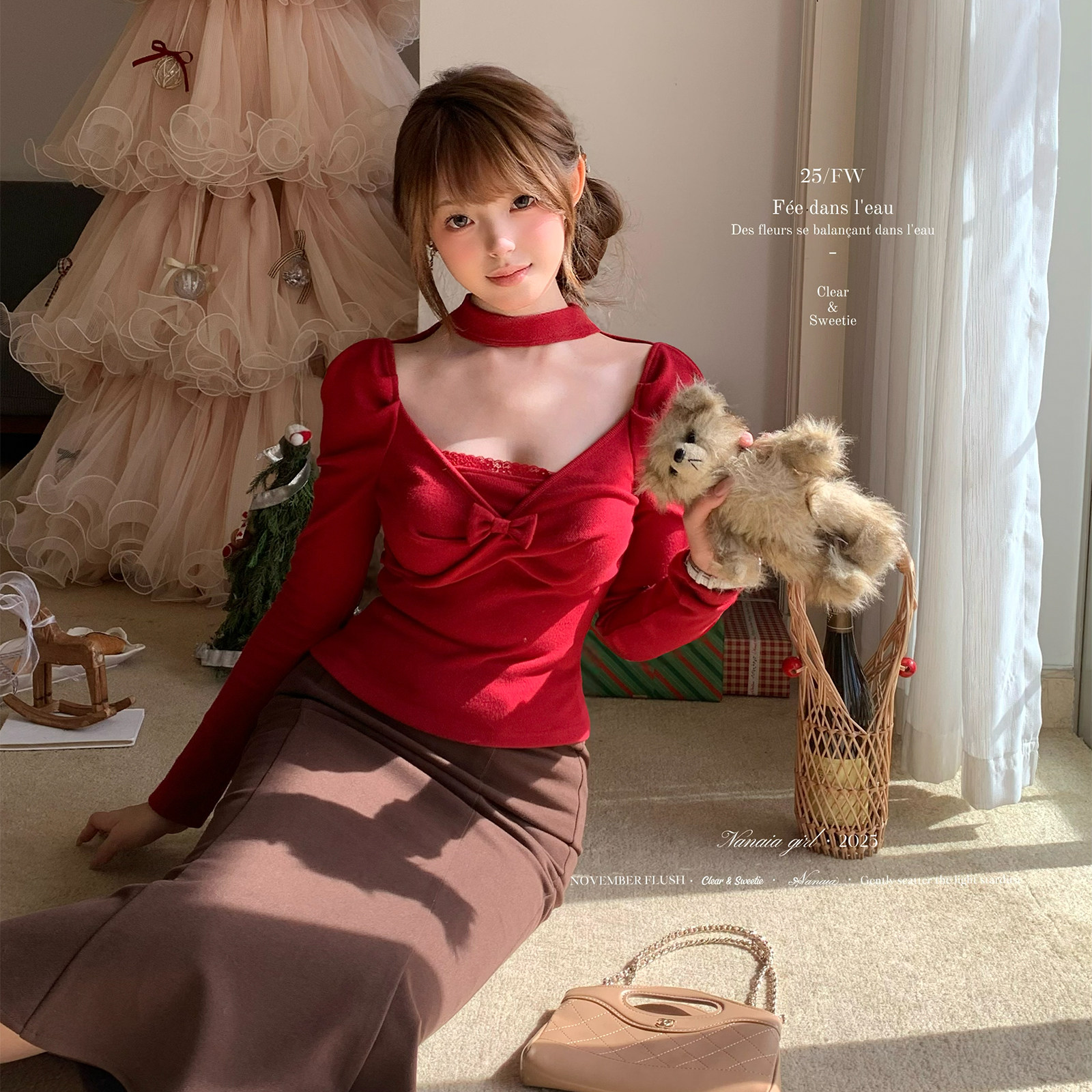 甜水仙 少女舒适区2.0 镂空挂脖蝴蝶结针织衫柔软亲肤收腰打底衫