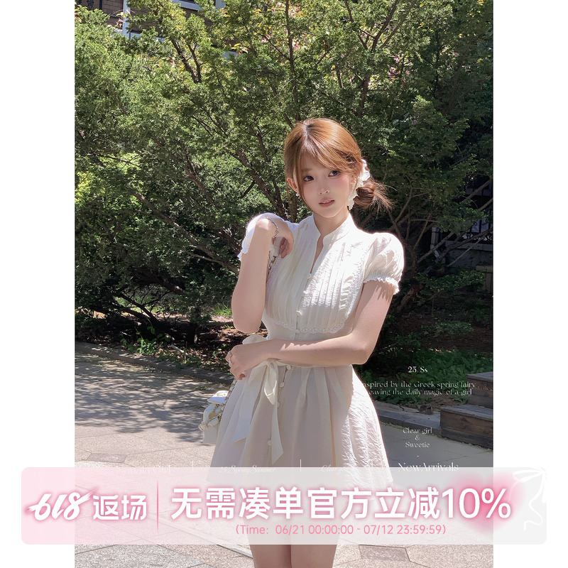 甜水仙 初恋小白花 法国棉蕾丝花边网纱蓬蓬裙天丝棉感连衣裙女装