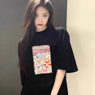 100%纯棉短袖 慵懒休闲百搭上衣 t恤女原宿宽松ins圆领韩版 网红半袖