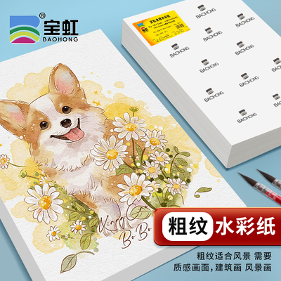 粗纹水彩纸宝虹全棉水彩纸300g4k8k16k棉浆水彩画纸美术生水溶彩铅油画棒纸全开半开细中粗纹2k水彩纸200g