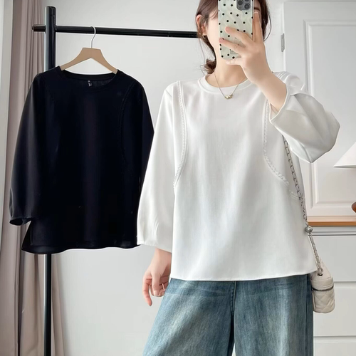 简约百搭花边拼接圆领长袖T恤女