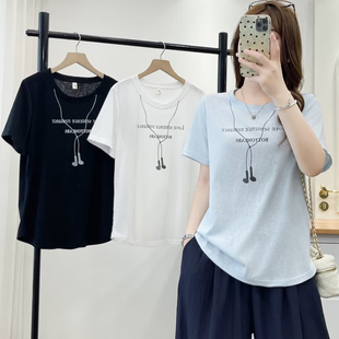大码胖mm韩系设计感耳机印花百搭短袖T恤女夏季新款显瘦上衣8881