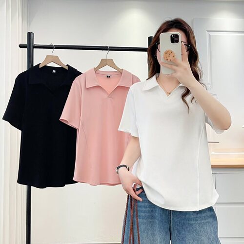 大码胖mm韩版设计感腰线显瘦翻领T恤女春季新款休闲宽松上衣2616