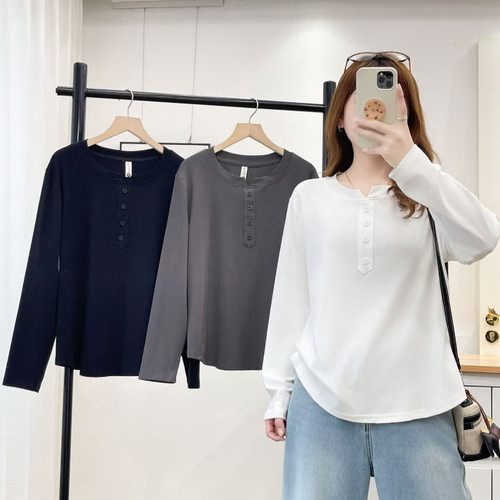 百搭休闲半纽扣V领打底衫女