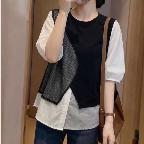韩版时尚撞色拼接假两件衬衫女