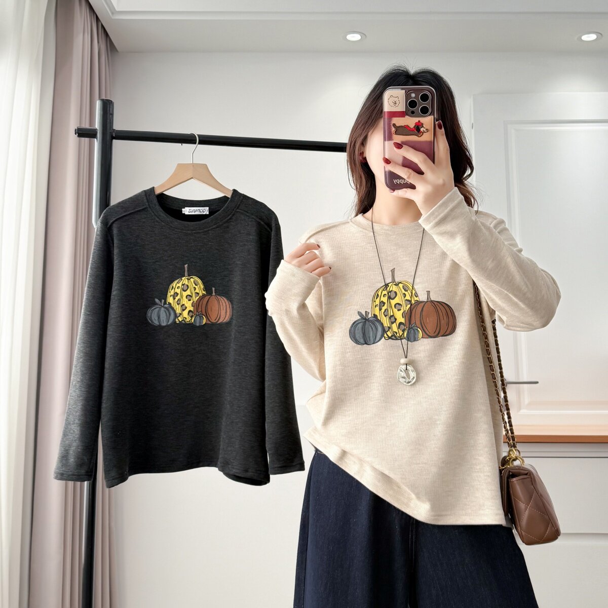 大码胖mm时尚百搭休闲藏肉南瓜印花打底衫女秋季新款宽松上衣062