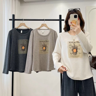 大码胖mm秋季新款韩版印花正肩长袖t恤女百搭减龄显瘦休闲上衣836