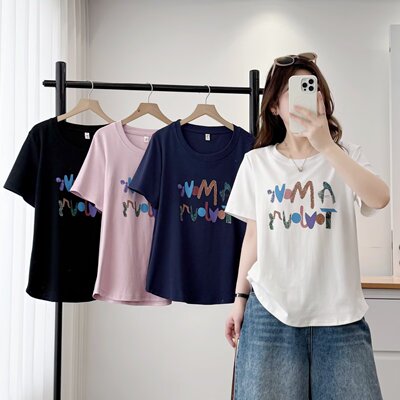 大码胖mm韩版休闲显瘦字母印花T恤女春季新款减龄百搭上衣潮8807