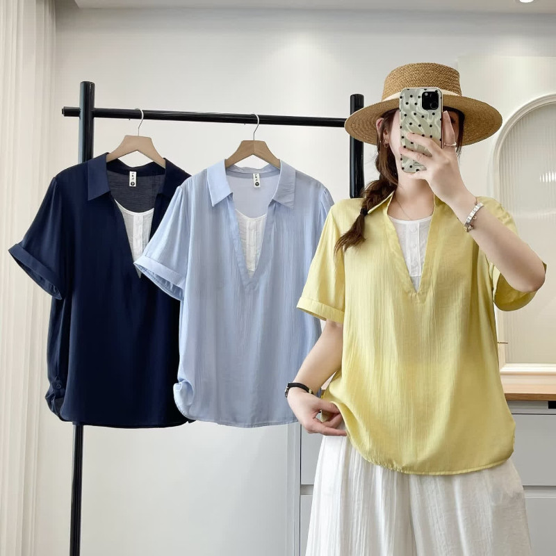 大码胖mm洋气时尚假两件翻领短袖衬衫女夏季新款休闲百搭上衣350