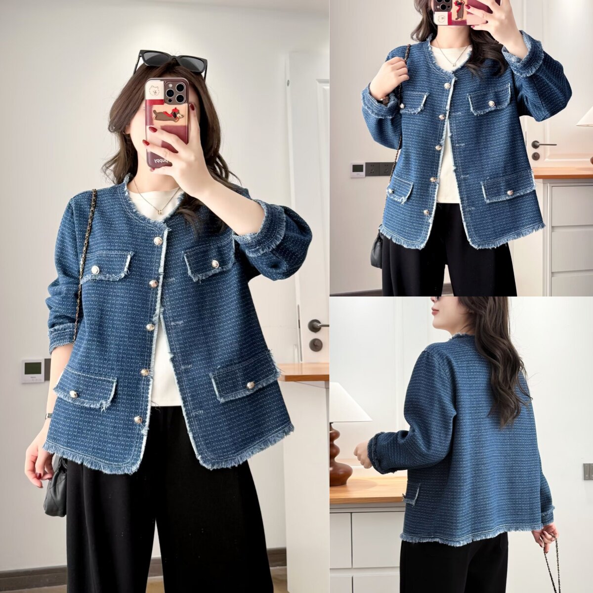 大码胖mm毛边牛仔外套女春装新款小香风休闲显瘦美式上衣潮8329
