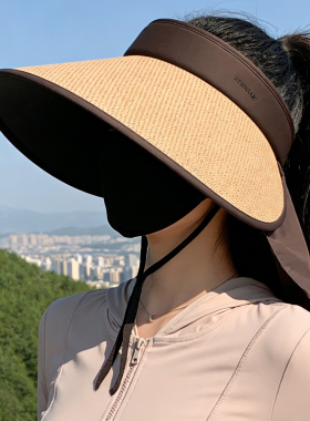 加大帽檐防晒帽子女夏季防紫外线空顶帽可折叠护颈一体草编遮阳帽