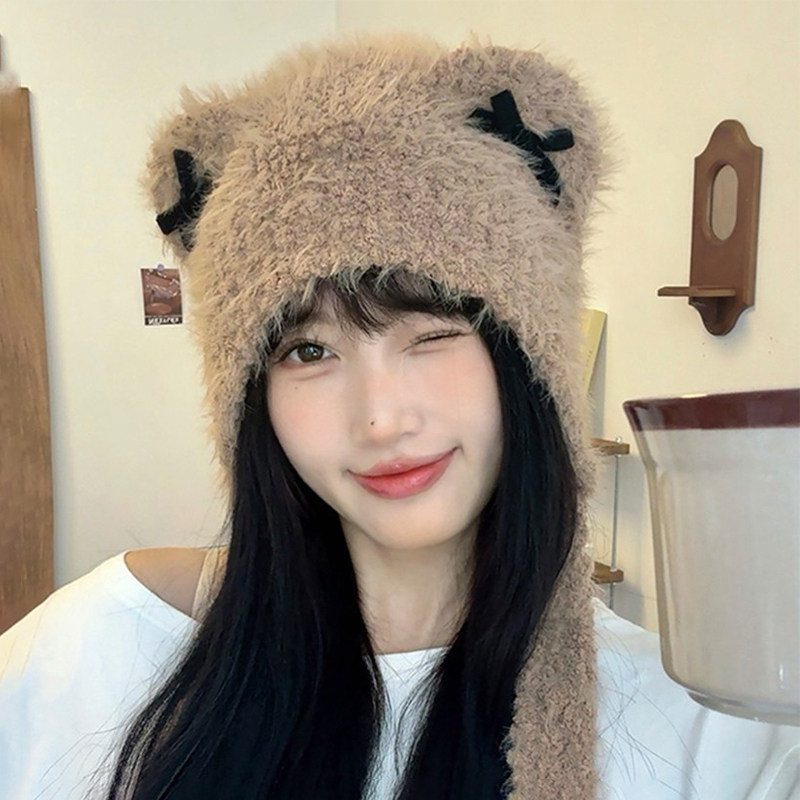甜美可爱蝴蝶结毛绒绒流苏针织帽子女秋冬季防寒保暖护耳毛线帽潮
