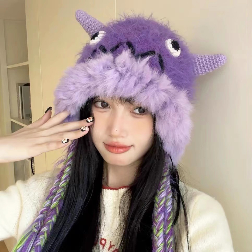 毛绒绒可爱小怪兽针织帽子女2025年冬季加厚防寒保暖护耳毛线帽子