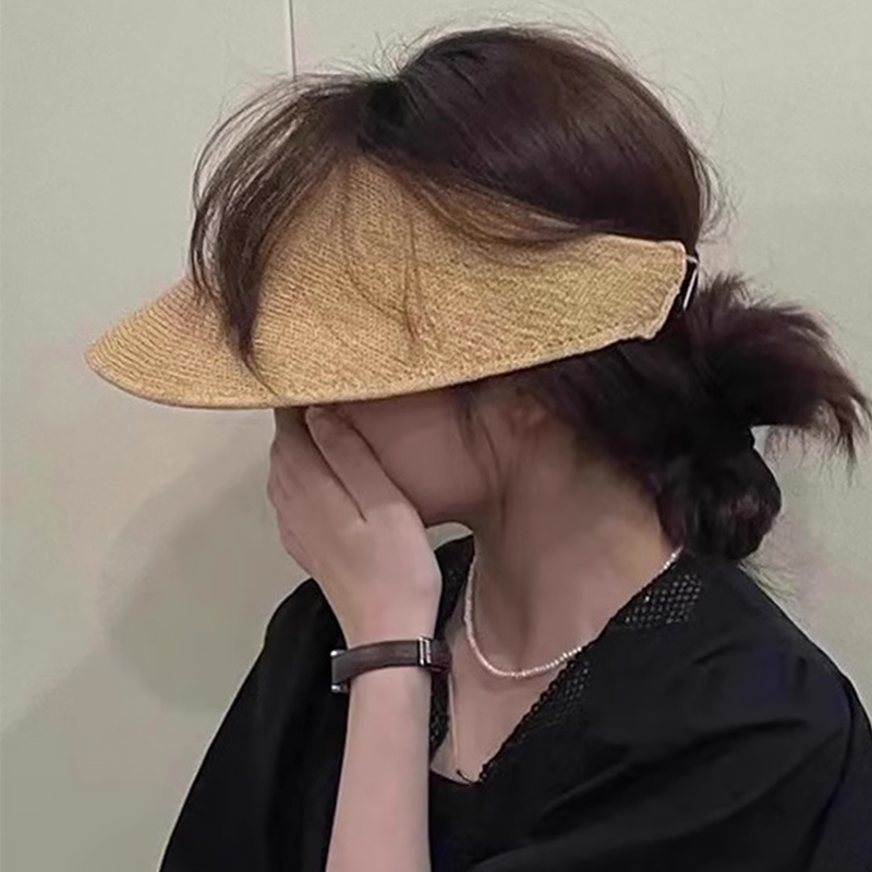 韩系简约纯色草编大檐空顶帽子女夏季户外遮阳可折叠沙滩防晒帽潮