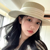 平顶草帽女春夏季 神仙藤井树同款 织带法式 沙滩海边度假防晒遮阳帽