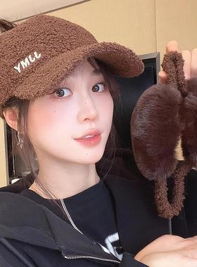 2025年秋冬季新款加厚羊羔毛棒球帽子女防寒保暖可扎马尾鸭舌帽潮