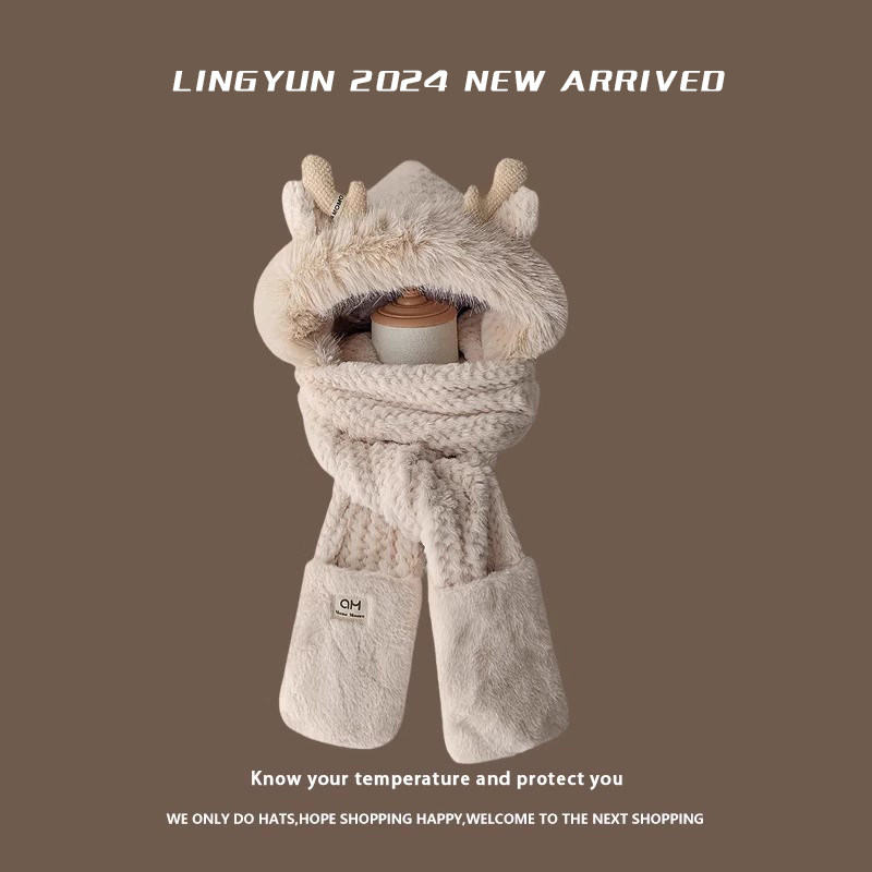 可爱鹿角毛绒绒加厚雷锋帽子女2025年冬季新款围脖手套一体保暖潮,服饰配件/皮带/帽子/围巾,三件套,淘宝优惠券,粉丝福利购,淘宝优惠卷
