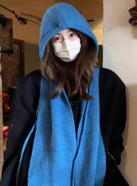 蓝色巴拉克拉法帽子女冬季2025新款保暖护耳围巾一体毛线针织帽潮