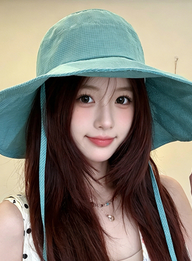 格纹大帽檐速干帽子女夏季薄款遮阳帽防晒帽户外登山渔夫帽太阳帽